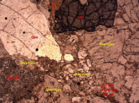 Mosaico de granada (Grt), quartzo (Qzo), mesopertita (Mes) com cristais simplectíticos de quartzo (Qzo) e plagioclásio sericitizado (Plg_Ser), tendo palhetas de biotita vermelha (Bt) e opacos (Op) em permeio. Aumento de 5_LP (RIBEIRO; MORAES, CBPM 2015).