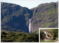 Figura 3 – a) A Cachoeira da Casca d’Anta, localizada na escarpa sul da Serra da Canastra (São Roque de Minas, MG) (Foto: Antônio C. Girodo); b) vista da parte superior da cachoeira (Foto: Leila Benitez).