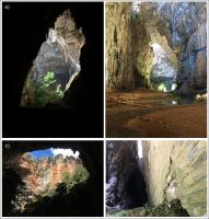 Figura 4 – Fotos da gruta Janelão. a) e b) Vista da galeria principal; c) detalhe de uma claraboia (Dolina dos Macacos); d) parede lateral da gruta com abatimento de blocos.