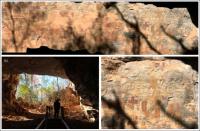 Figura 5 –Gruta do Caboblo – a) painel de pinturas rupestres; b) detalhe da entrada da caverna com a passarela; c) detalhe do painel de pinturas rupestres.