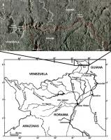 Mapa de situação do sítio geológico Monte Roraima, porção extremo-norte do estado de Roraima. Na imagem, a linha vermelha representa os limites de fronteira e a linha branca o suposto limite de área de distribuição da Formação Matauí. 