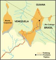 Locação do Monte Roraima na fronteira tríplice entre Brasil, Venezuela e Guiana e trilha de acesso ao topo.