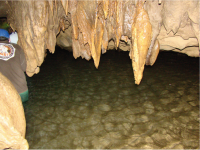 Cena do interior da caverna, de um local onde para transpô-lo tem-se que passar com aguá quase até o peito