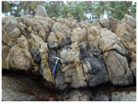 Encraves máficos em ortognaisse, além da presença de diques graníticos que truncam essas rochas. Visada em seção para NE. (Carrilho, 2013)