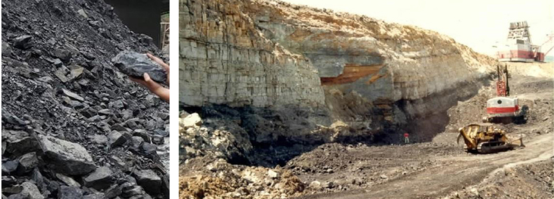 Figura 2 – (A) Fotografia de carvão mineral e (B) Fotografia de camada de carvão na Mina Morozini (Carbonífera Próspera) em operação na década de 80.
Fonte: A: Janis Linda L. Morais, 2020, SUREG-PA; B: Cedido do acervo pessoal do Eng. Tiago Silvestrini.