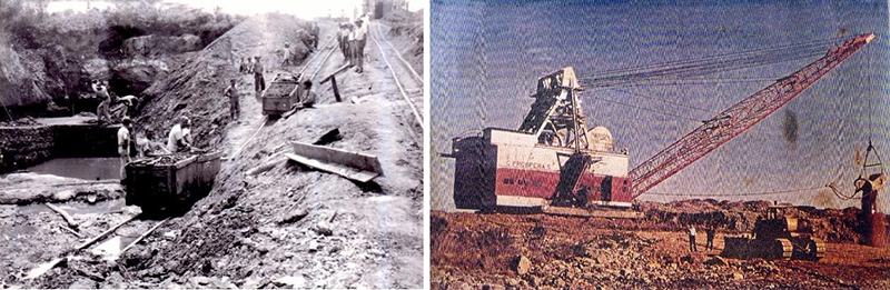Figura 3 – A: Fotografia de mineiros da Bacia Carbonífera de Santa Catarina; B: Fotografia da “dragline” Marion.
Fonte: Cedido do acervo pessoal do Eng. Tiago Silvestrini.