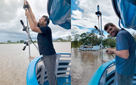  Pesquisador em Geociências Andre Santos posicionando o conjunto de espectros radiômetros para calibração e aquisição de biblioteca de dados radiométricos em uma das estações de coleta localizada em Manacapuru – Amazonas