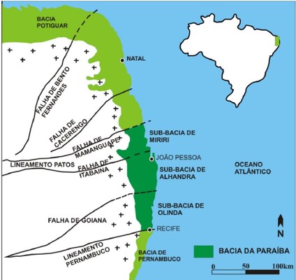  Localizao da Bacia da Paraba no Nordeste brasileiro, entre Recife e o municpio de
Marcao na Paraba.(Fonte: modificado de Mabesoone e Alheiros, 1988).